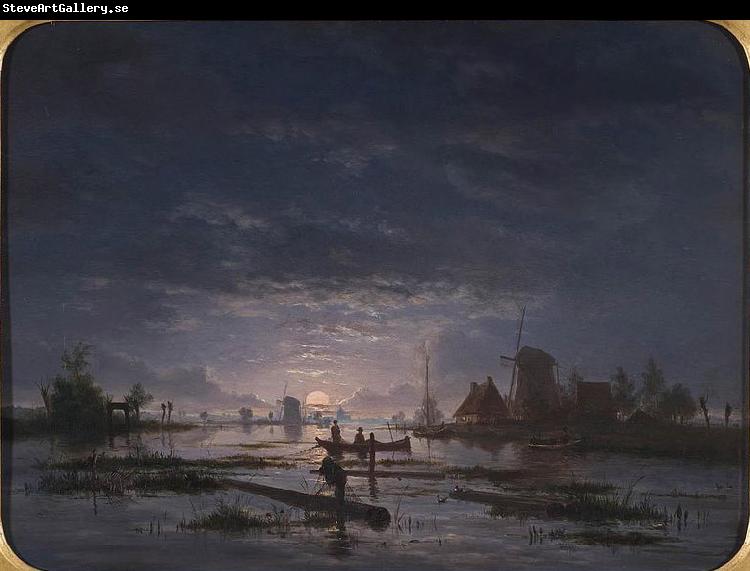 Jacob Abels An Extensive River Scene with Fishermen at Night